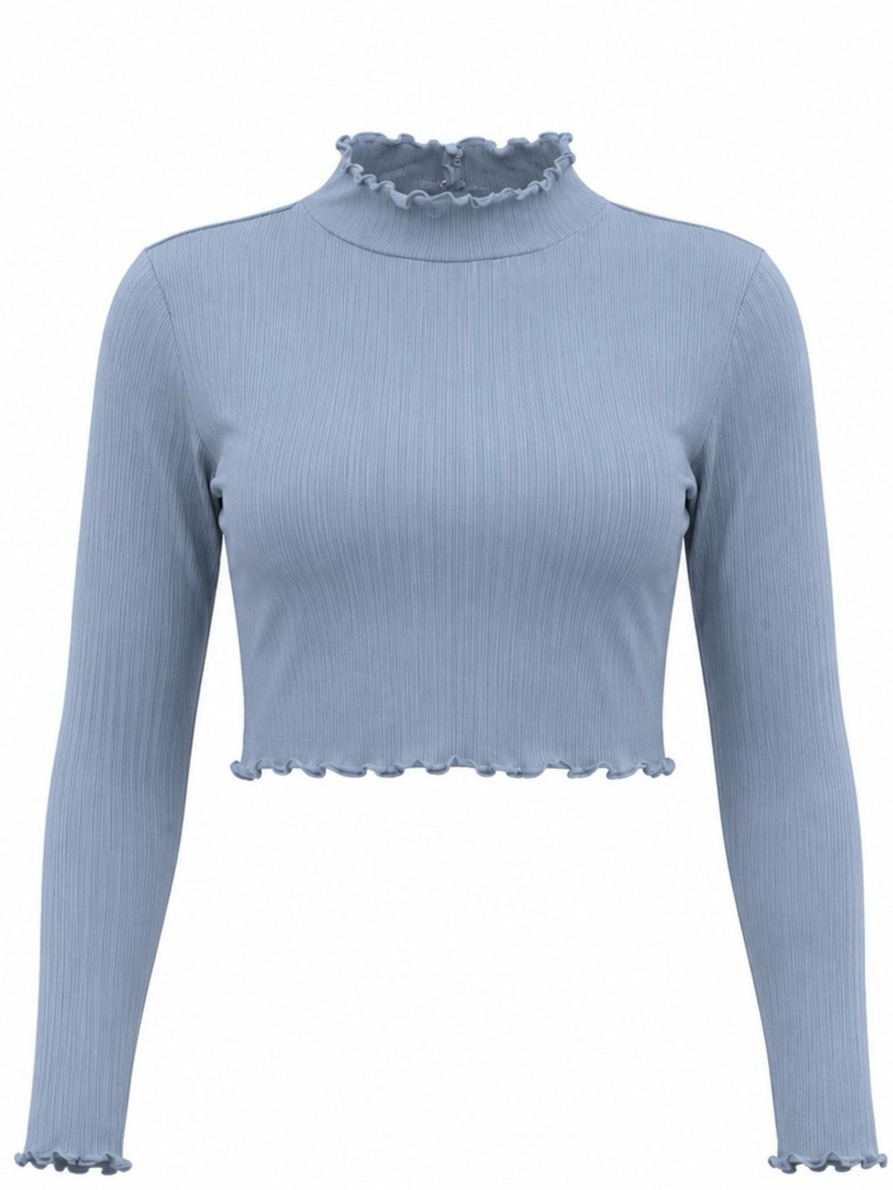 Double Zero | Light Blue Cropped Lettuce Edge Ruffle Mock-Neck Long-Sleeve Top
